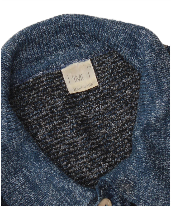 Vintage hombres polo cuello jersey suéter azul medio geométrico