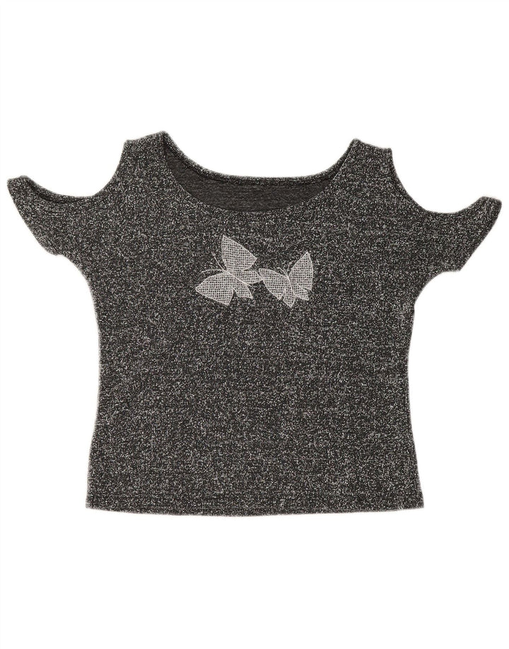 VINTAGE Mujer Crop Off Hombro Top Reino Unido 12 Mariposa Flecked Gris Medio