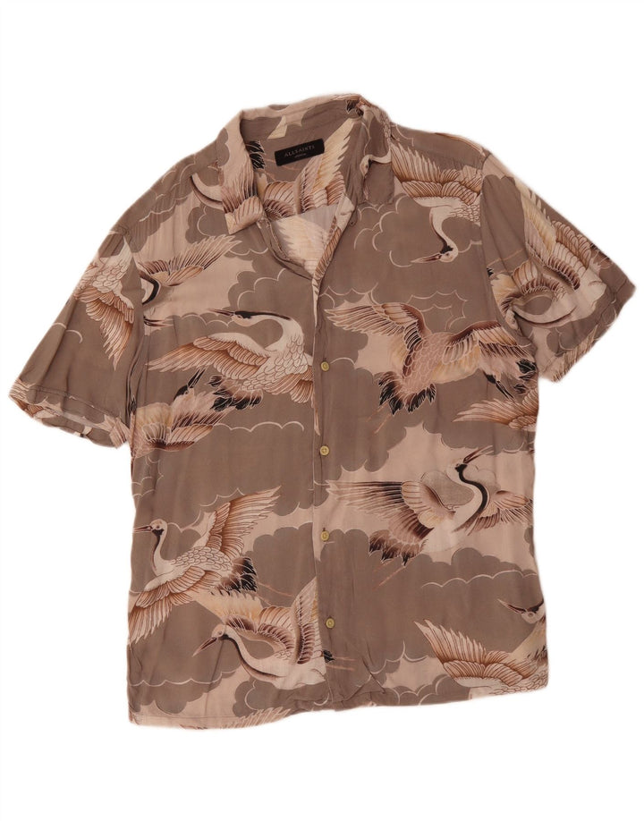 Camisa All Saints Hombre Manga Corta Gris Medio Estampado Animal Viscosa Pájaro
