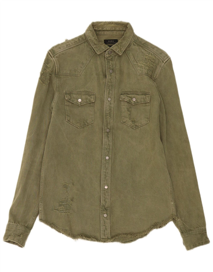 ZARA Hombre Camisa Vaquera De Corte Relajado Desgastado Pequeño Algodón Caqui