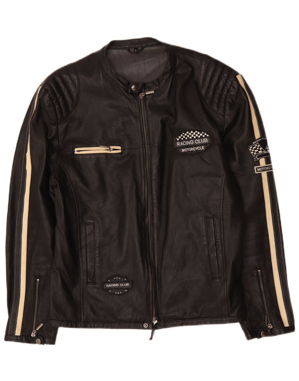 Vintage hombres motocicleta gráfico cuero Racer chaqueta Reino Unido 40 grande negro