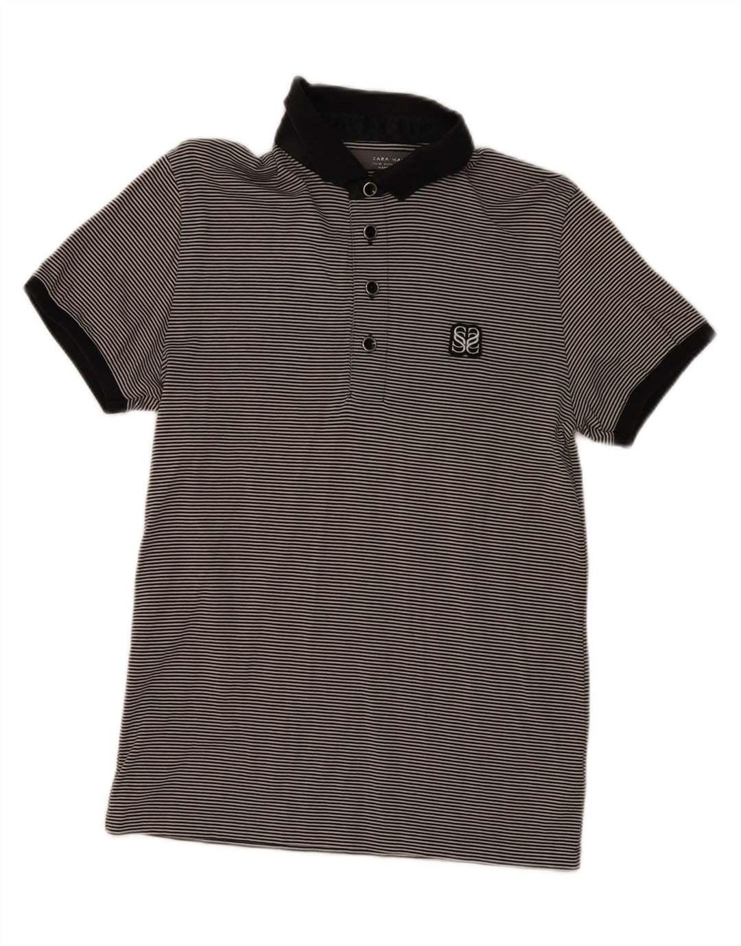 ZARA Mens Polo Shirt Medium Black Striped Cotton Vintage Zara and Second-Hand Zara from Messina Hembry 
