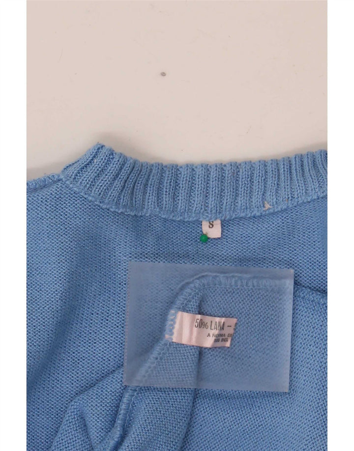 Vintage hombres cuello redondo jersey suéter pequeño azul geométrico lana
