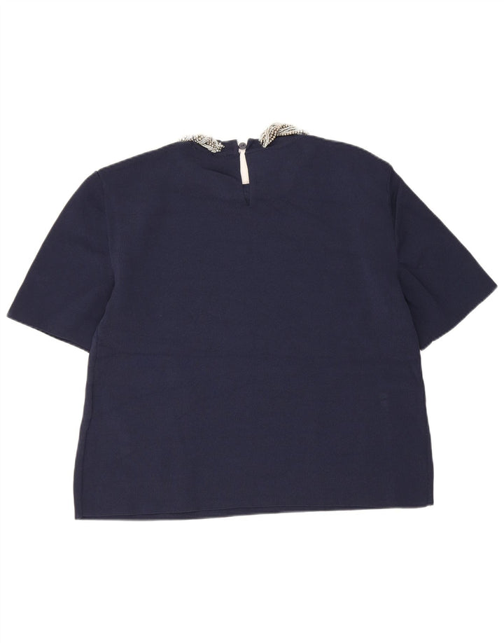 Zara Mujer Crop Blusa Top UK 40 Medio Azul Marino Viscosa