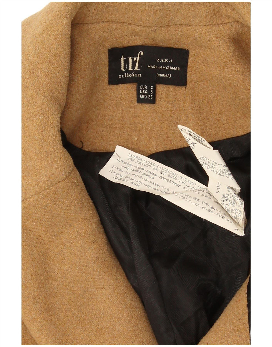 Zara Mujer Abrigo Extragrande De Doble Botonadura UK 10 Small Beige Poliéster