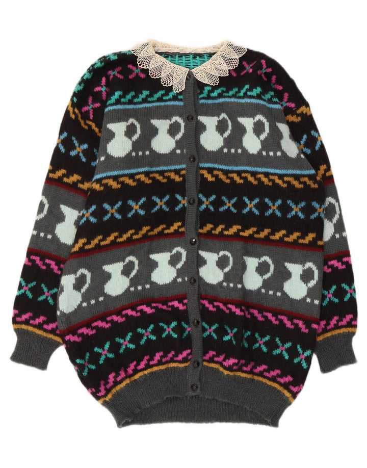 Vintage mujeres patrón abstracto cardigan suéter Reino Unido 10 pequeño multicolor