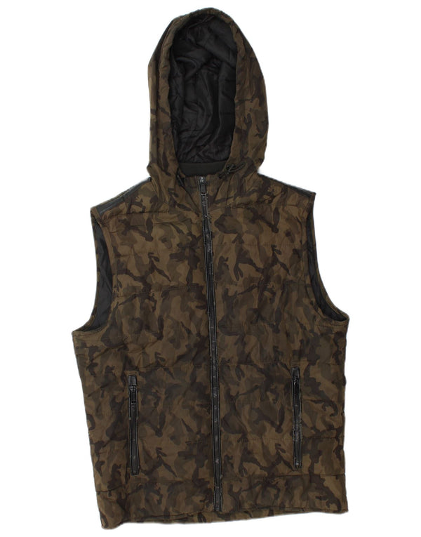 Zara Hombre Chaleco Acolchado Con Capucha UK 38 Medium Caqui Camuflaje Poliéster