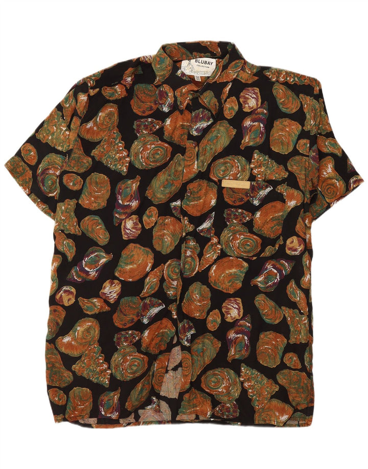 Vintage hombres patrón abstracto camisa de manga corta viscosa negra mediana