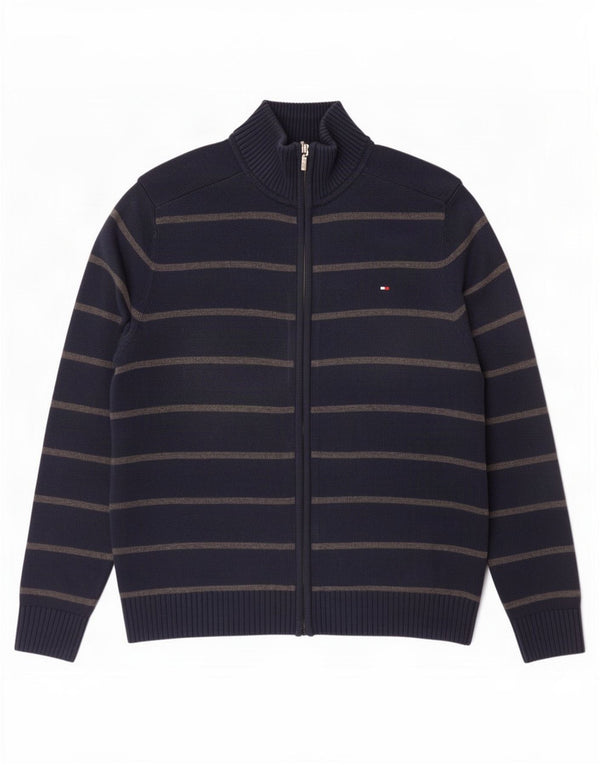 Tommy Hilfiger Suéter tipo cárdigan para hombre pequeño de algodón a rayas azul marino