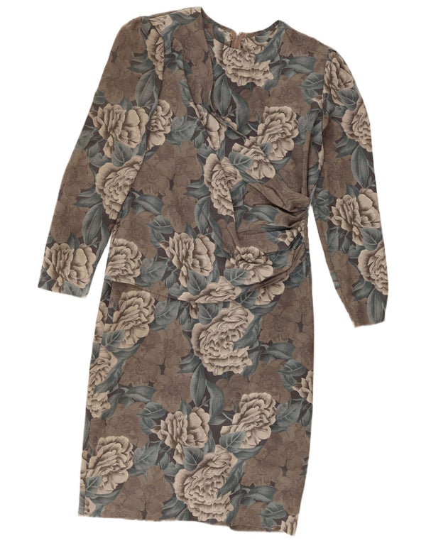 Vintage mujer manga larga vestido Reino Unido 12 poliéster floral gris medio