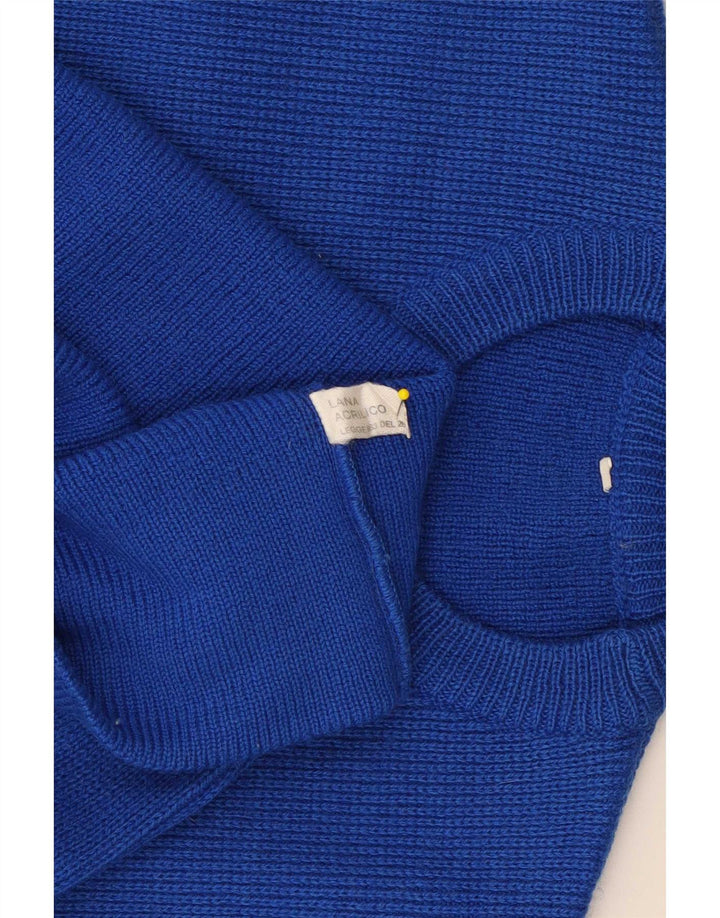 Vintage hombres cuello redondo jersey suéter pequeño azul rayas lana