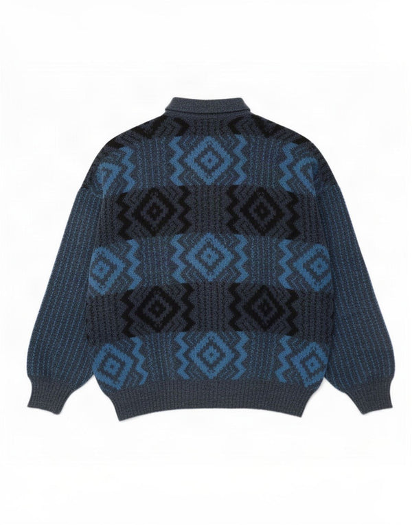 Vintage hombres polo cuello jersey suéter grande azul marino lana geométrica