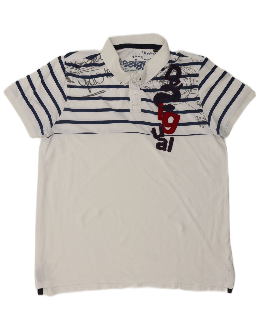 DESIGUAL Polo gráfico para hombre 2XL Blanco a rayas