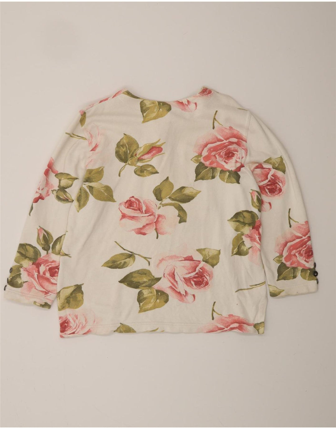 VINTAGE Mujer Top Manga Larga Reino Unido 16 Algodón Floral Blanco Grande