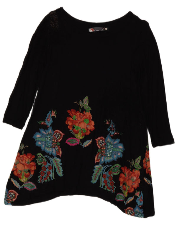Desigual Top tipo túnica de manga larga para mujer UK 40 Medio Negro Floral Bohemio