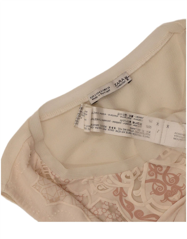 Zara Mujer Camiseta Sin Mangas Con Estampado Abstracto UK 8 Small Beige Poliéster