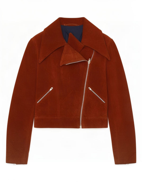 Vintage mujer crop ante biker chaqueta Reino Unido 4 XS marrón