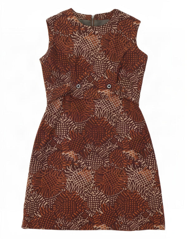 Vintage mujer sin mangas A-Line vestido Reino Unido 16 grande marrón geométrico