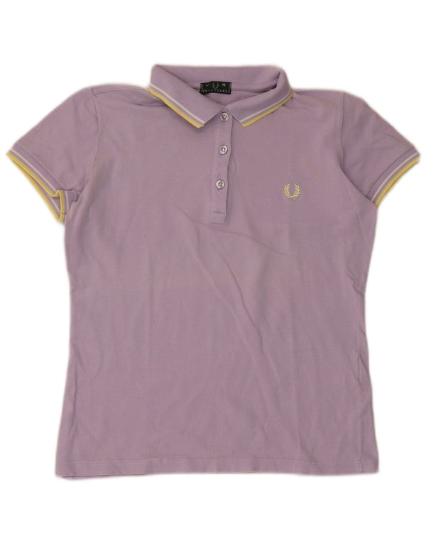 Fred Perry Polo Corto para Mujer UK 42 Algodón Rayado Púrpura Mediano