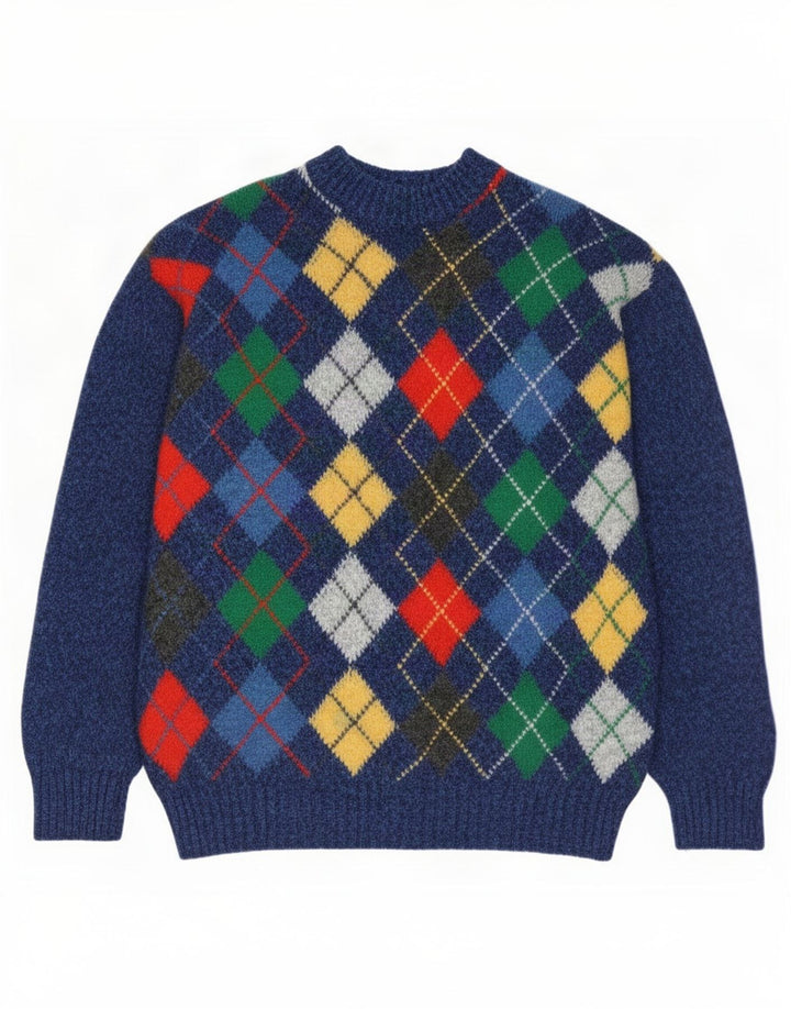 Vintage hombres cuello redondo jersey suéter IT 50 azul medio Argyle/lana de diamante