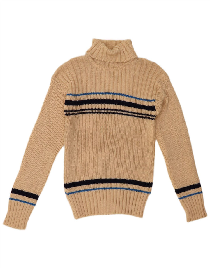 VINTAGE Mujer Roll Neck Jumper Suéter Reino Unido 12 Acrílico a rayas beige medio