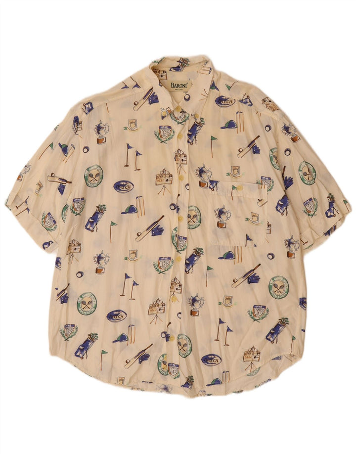 BARONI Camisa estampada de manga corta para hombre, talla grande, de viscosa en blanco roto