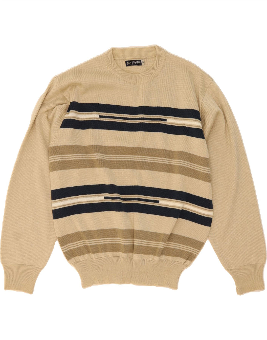 VINTAGE Mens Crew Neck Jumper Sweater Medium Beige Striped Acrylic Vintage Vintage and Second-Hand Vintage from Messina Hembry 