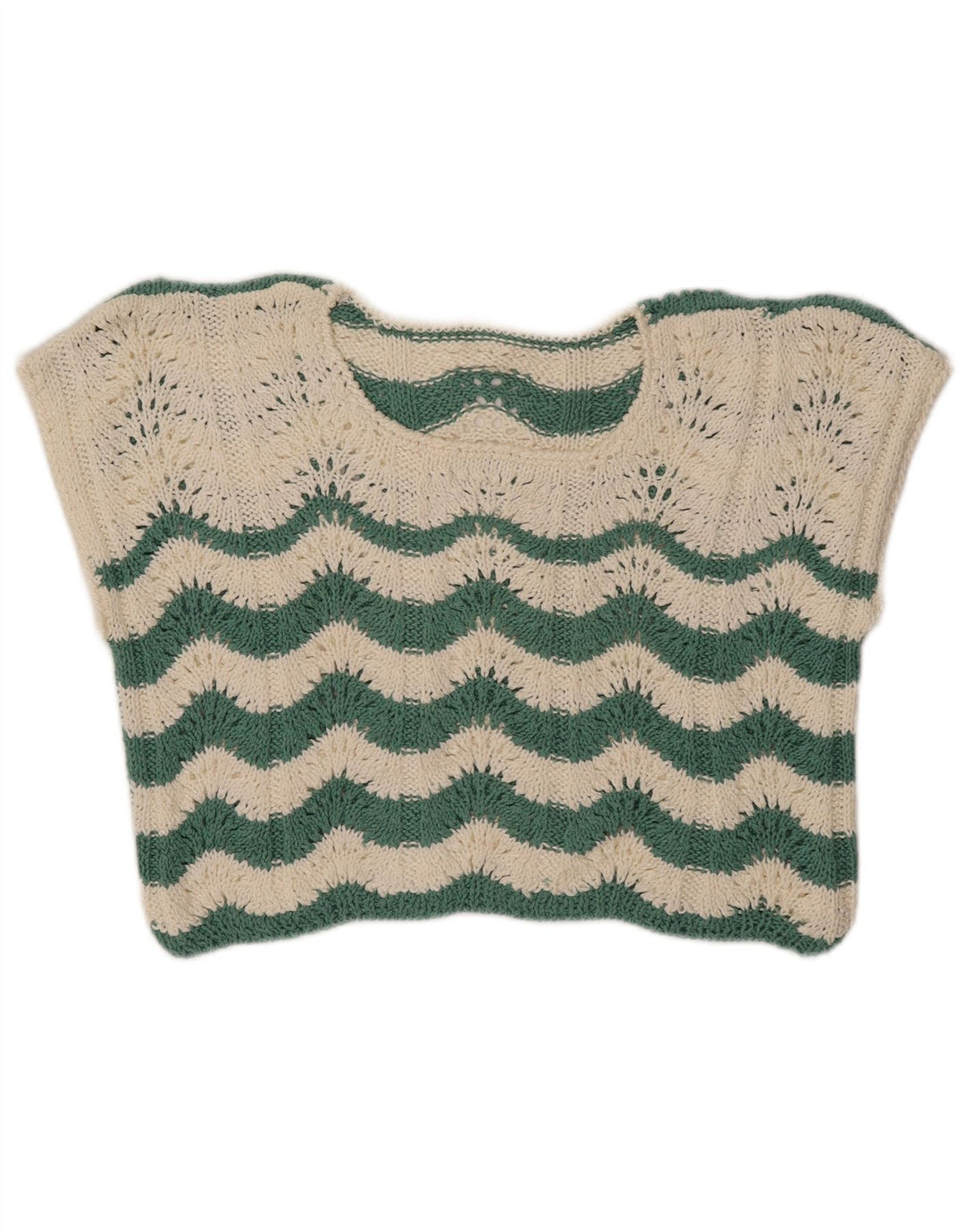 VINTAGE Mujeres Crop Crochet Chaleco Tank Top Reino Unido 14 Chevron Verde Medio
