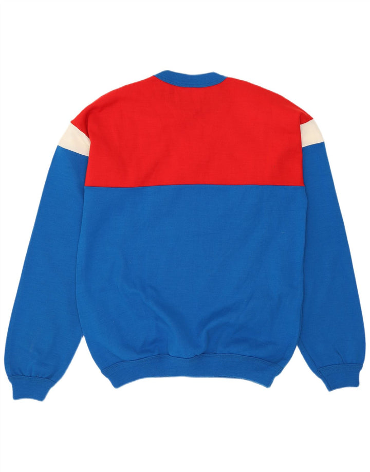VINTAGE Jersey de cuello redondo para hombre suéter azul medio colorblock acrílico