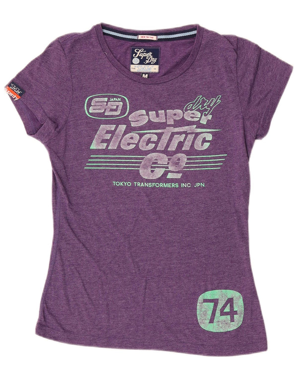 Superdry Mujer Camiseta Gráfica Top UK 42 Algodón Moteado Morado Mediano