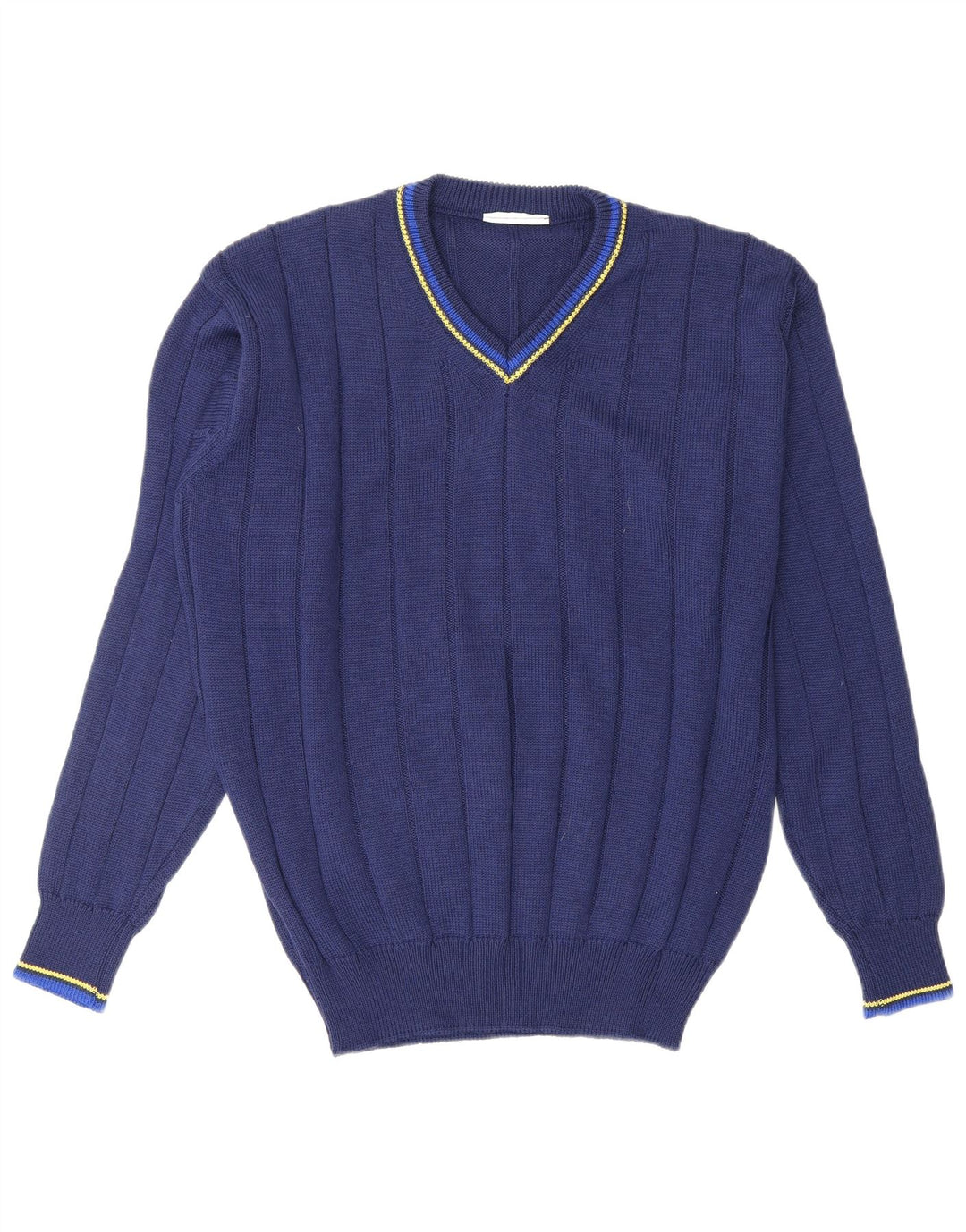 VINTAGE Hombres V-Cuello Jumper Suéter Medio Azul Marino
