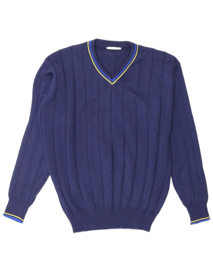 VINTAGE Hombres V-Cuello Jumper Suéter Medio Azul Marino