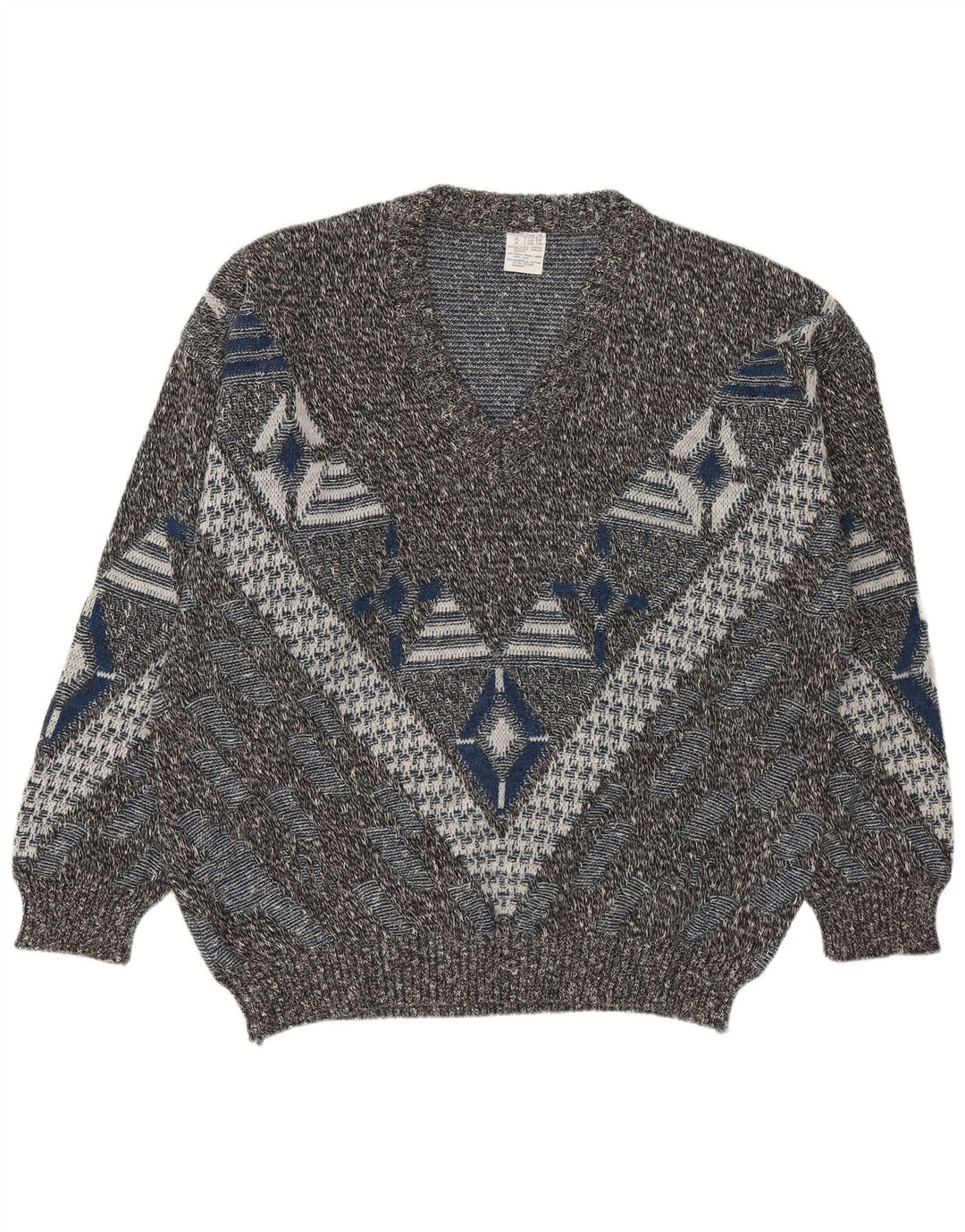 VINTAGE Suéter jersey con cuello en V para hombre Reino Unido 46/48 2XL Geométrico multicolor