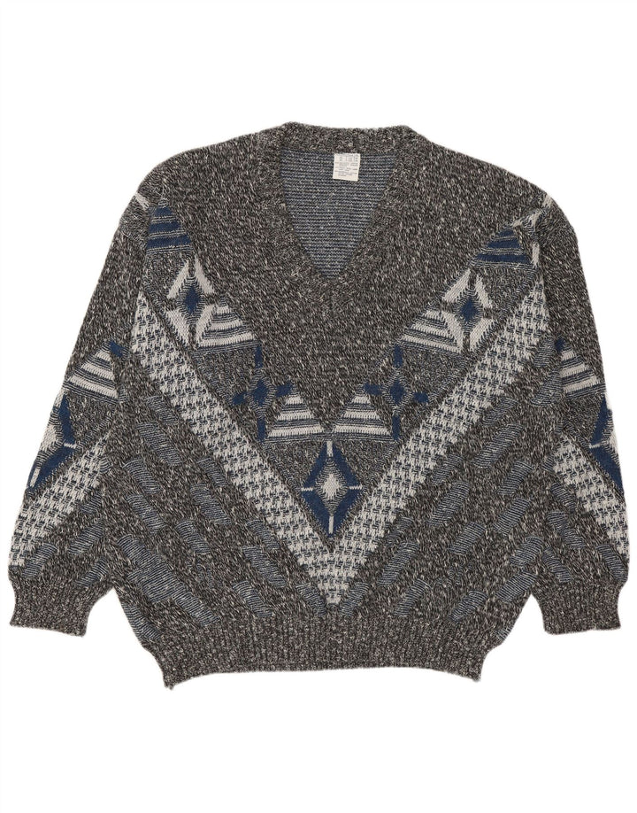 VINTAGE Suéter jersey con cuello en V para hombre Reino Unido 46/48 2XL Geométrico multicolor
