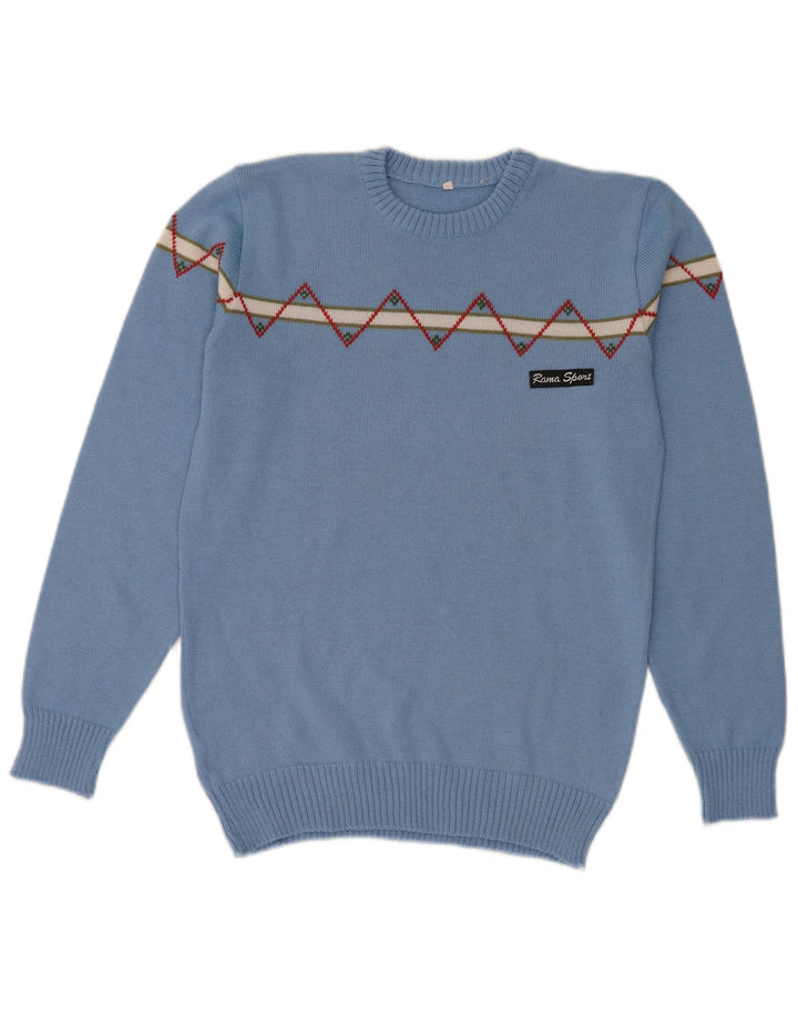 Vintage hombres cuello redondo jersey suéter pequeño azul geométrico lana
