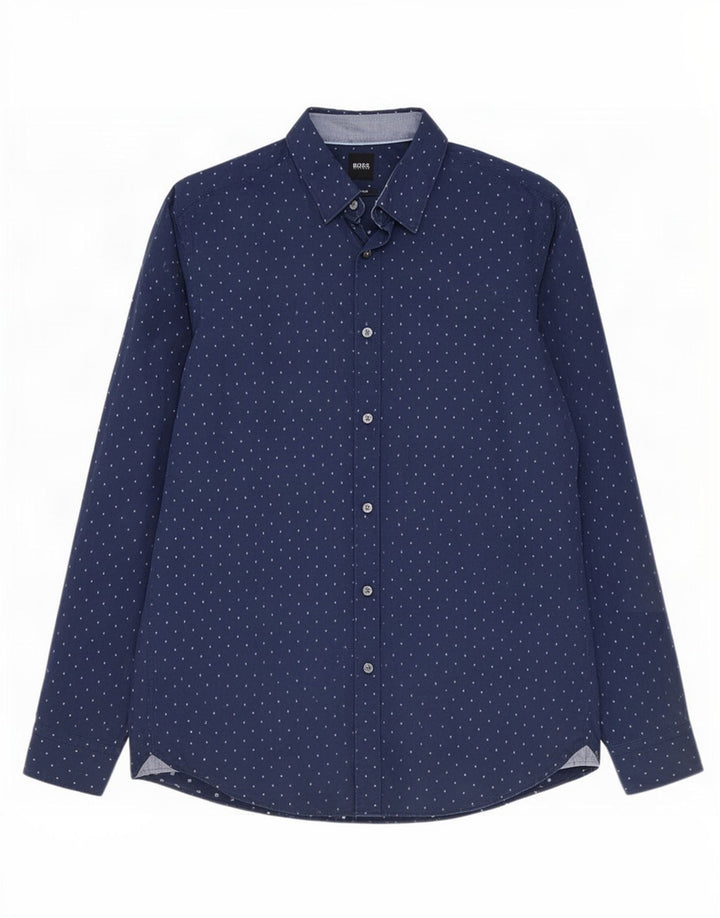 Camisa Hugo Boss Hombre Regular Fit Algodón Manchado Azul Marino Grande