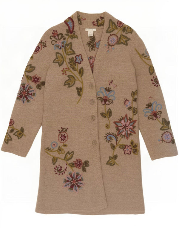 Vintage mujer longline cardigan suéter Reino Unido 14 lana floral beige medio