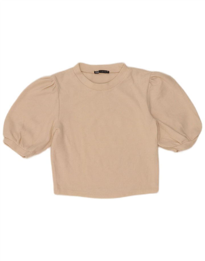 Zara Mujer Crop Blusa Top Reino Unido 10 Pequeño Algodón Beige