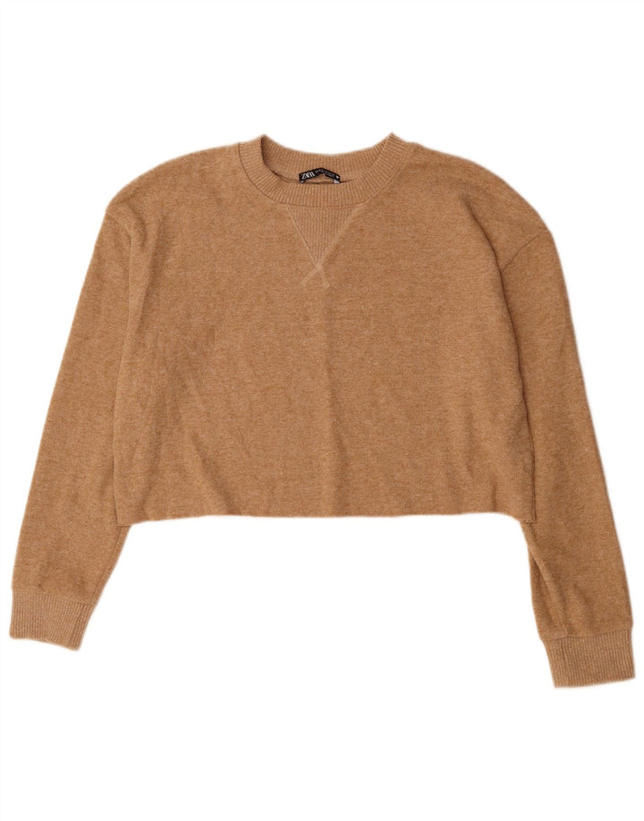 ZARA Mujer Crop Crew Neck Jumper Sweater UK 44 Medio Beige Poliéster
