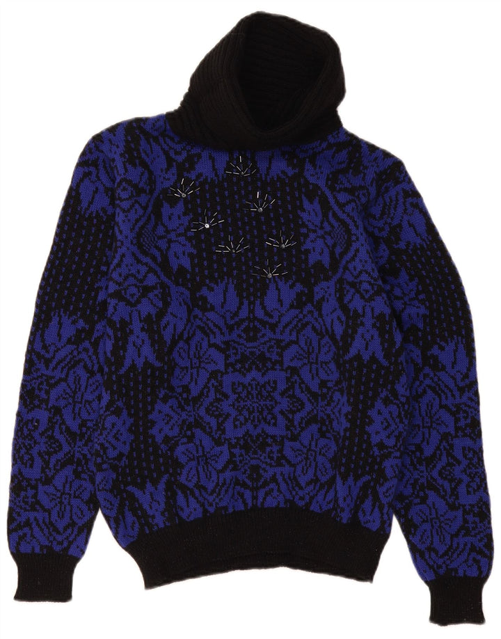 Vintage mujer rollo cuello jersey suéter Reino Unido 14 medio negro floral