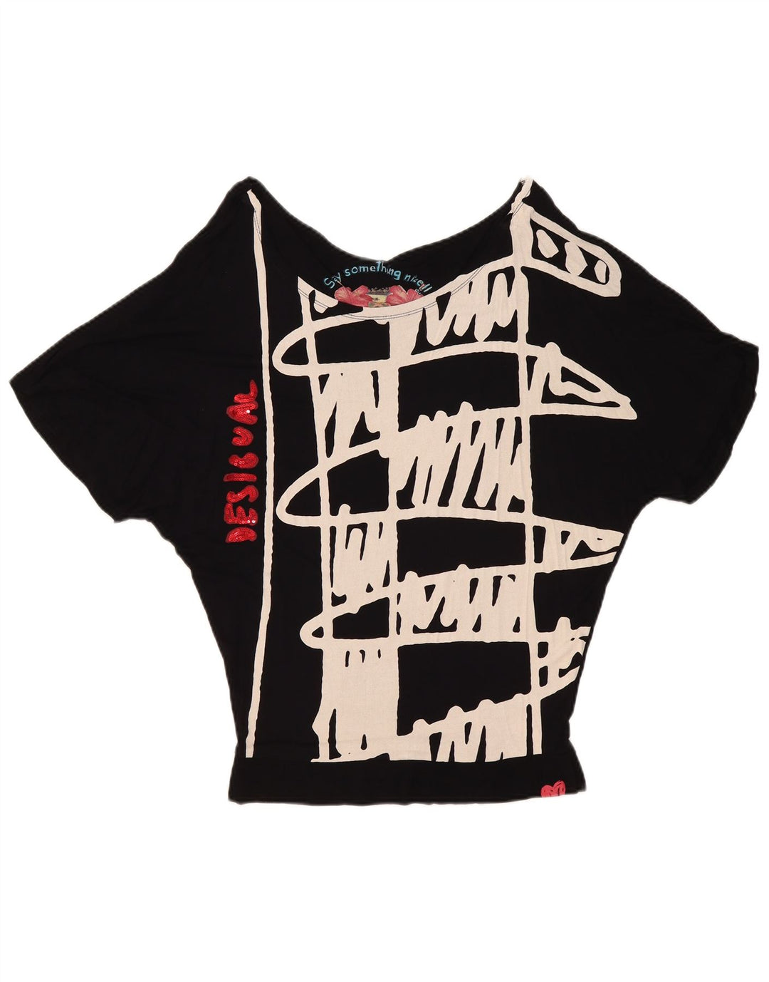 Desigual Blusa con estampado de murciélago para mujer Top UK 10 Small Black Geométrico