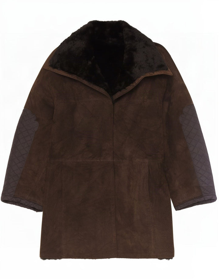 Vintage mujer abierta shearling chaqueta Reino Unido 12 marrón medio
