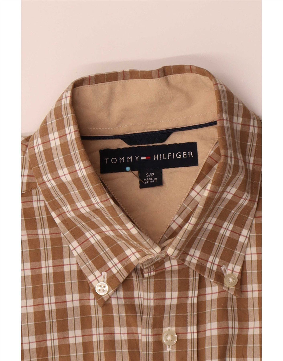 Camisa Tommy Hilfiger de manga corta para hombre de algodón a cuadros marrón pequeño