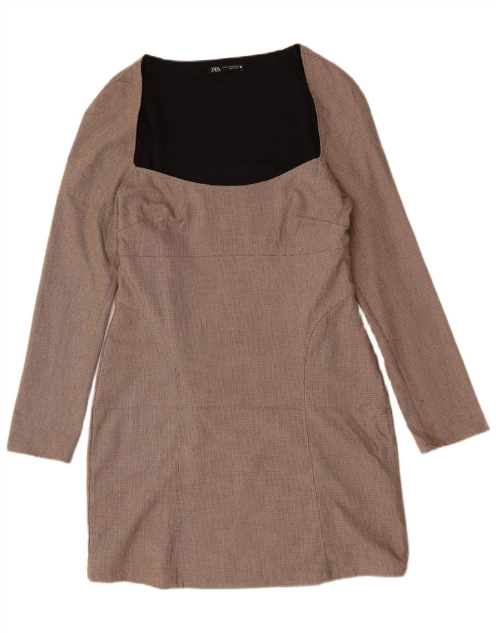 ZARA Vestido tubo de manga larga para mujer ES 40 2XL Poliéster a cuadros beige