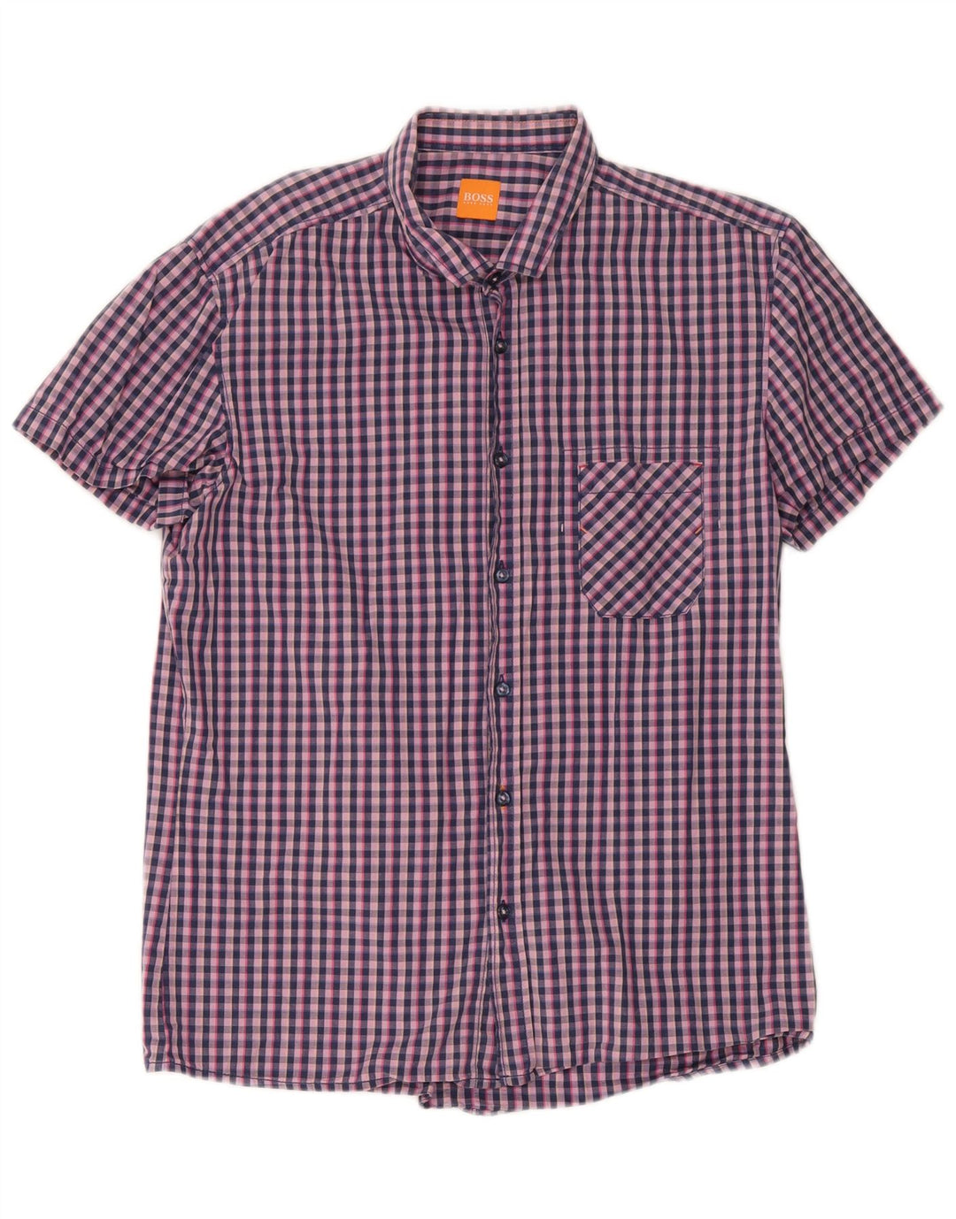 Camisa Hugo Boss Hombre Manga Corta Algodón Vichy Azul Marino Grande