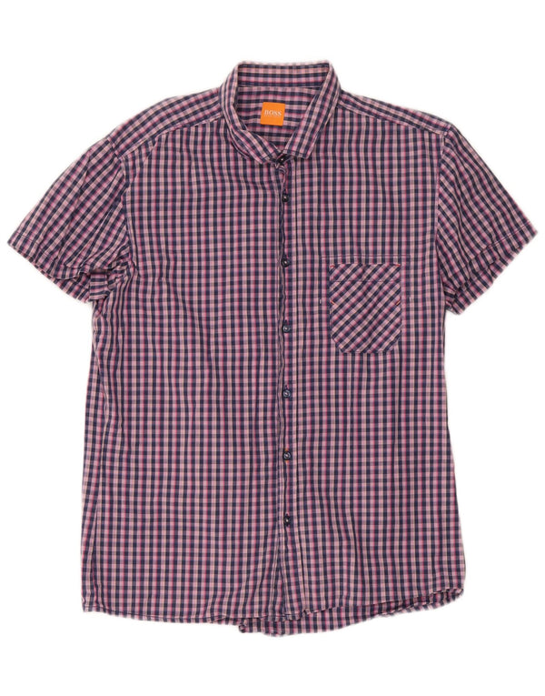 Camisa Hugo Boss Hombre Manga Corta Algodón Vichy Azul Marino Grande