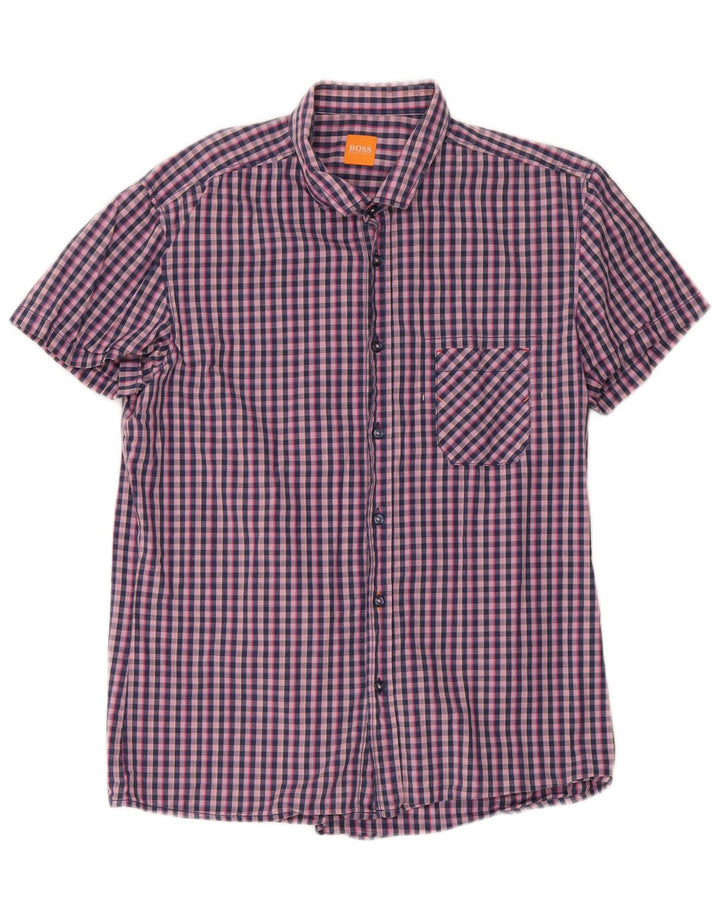 Camisa Hugo Boss Hombre Manga Corta Algodón Vichy Azul Marino Grande