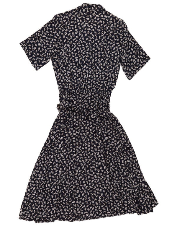 Vintage mujer manga corta camisa vestido EU 40 medio azul marino floral