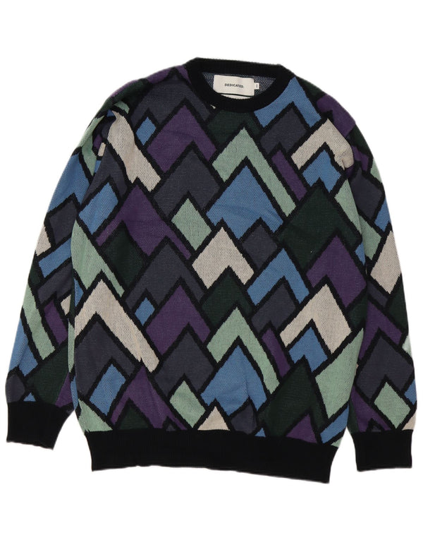 Vintage hombres cuello redondo jersey suéter medio multicolor algodón geométrico