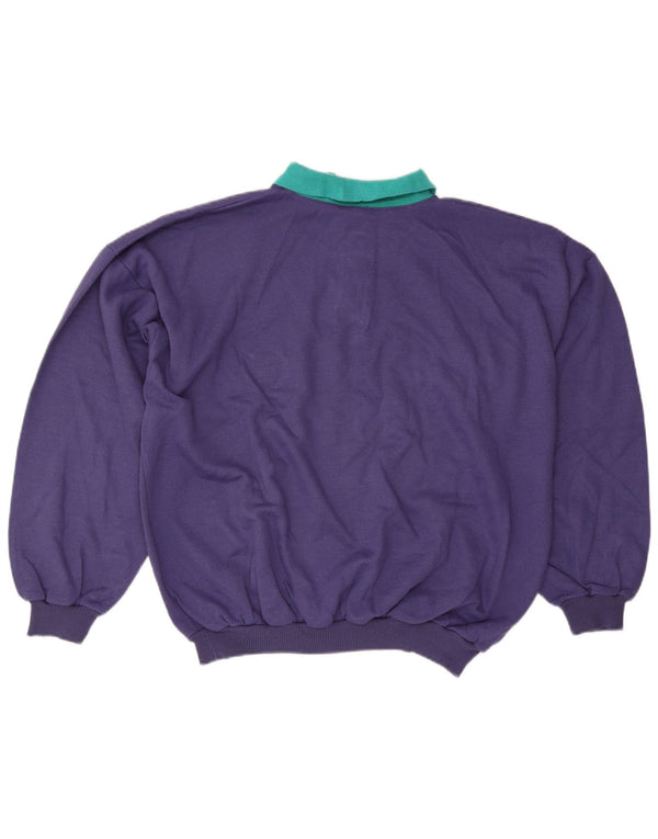 Vintage hombres polo cuello sudadera jumper 2XL púrpura colorblock algodón